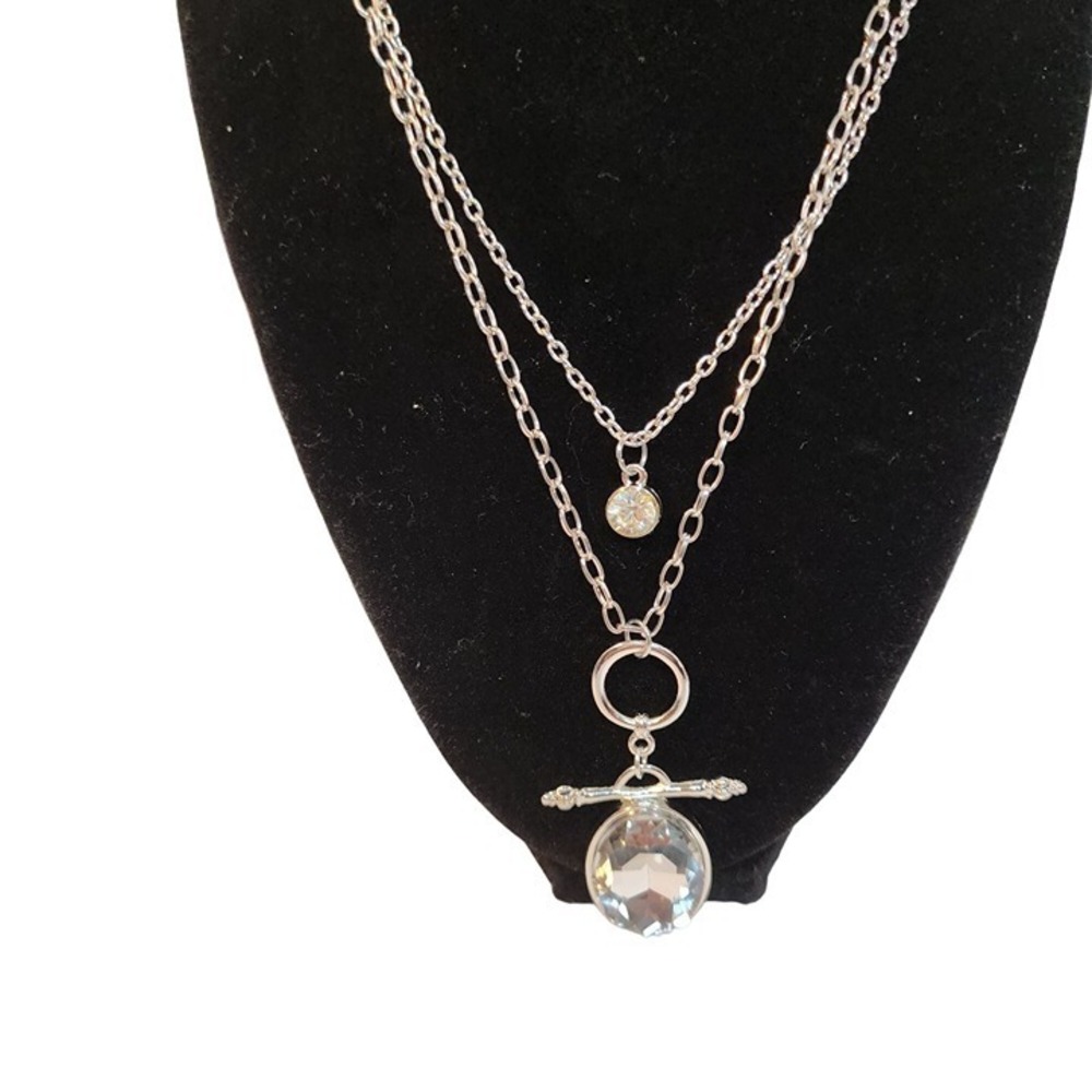 Silver Double Link Adjustable Necklace Large Stone‎ Medallion NWT